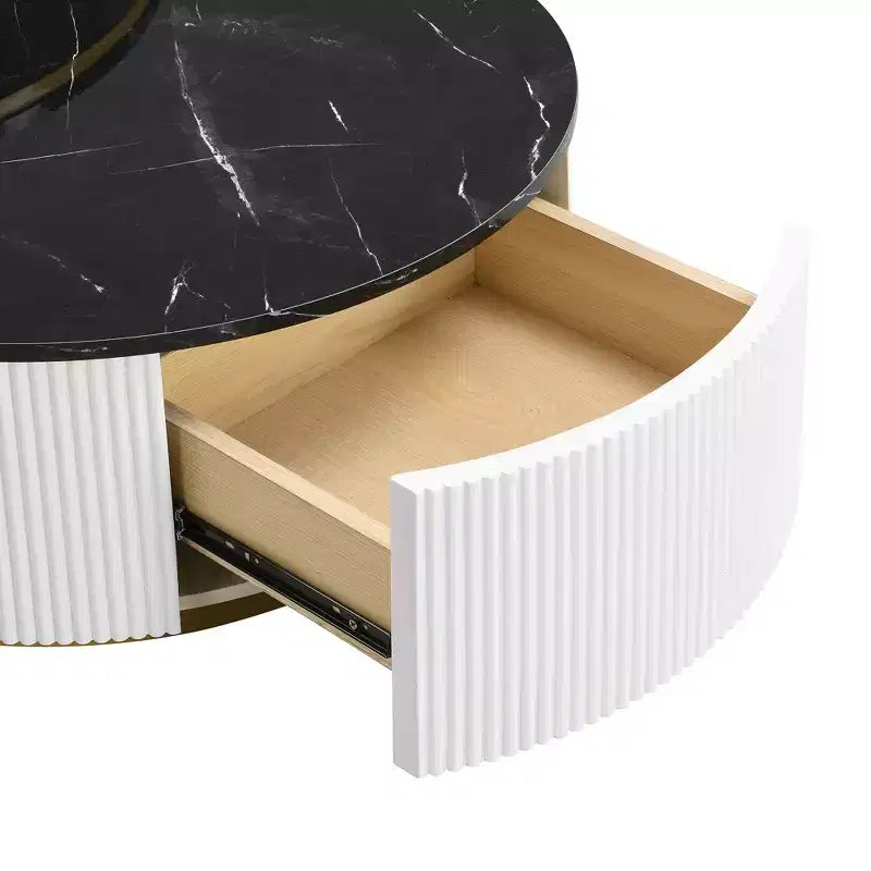 Round Nesting Coffee Table Set of 2 with Drawer, Fluted MDF Top and Metal Base