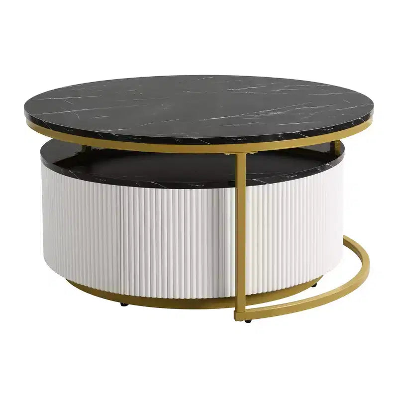 Round Nesting Coffee Table Set of 2 with Drawer, Fluted MDF Top and Metal Base