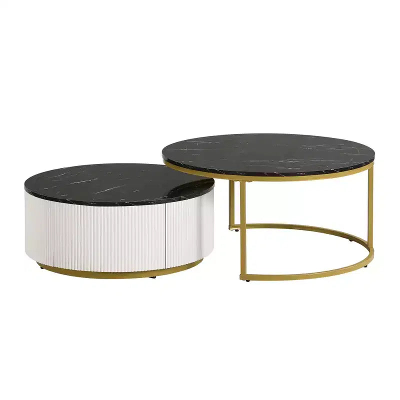 Round Nesting Coffee Table Set of 2 with Drawer, Fluted MDF Top and Metal Base