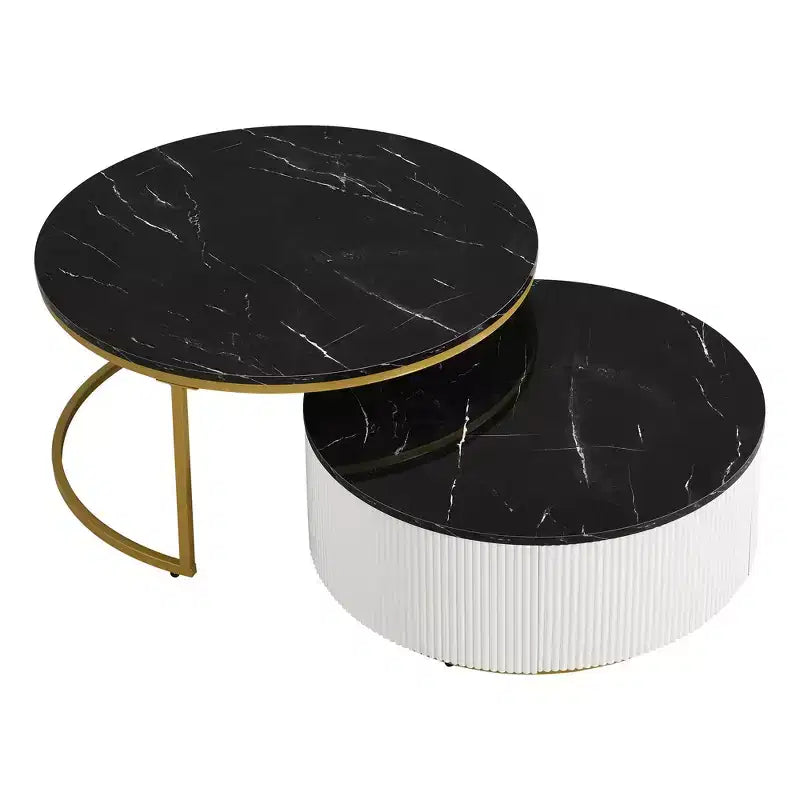Round Nesting Coffee Table Set of 2 with Drawer, Fluted MDF Top and Metal Base