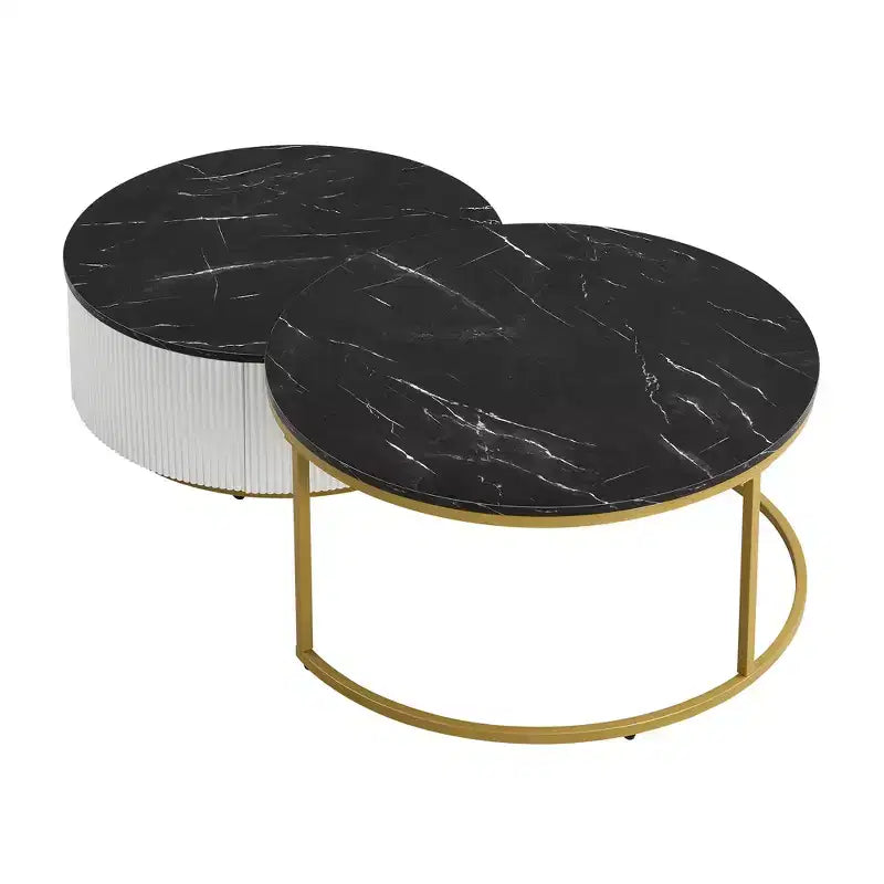 Round Nesting Coffee Table Set of 2 with Drawer, Fluted MDF Top and Metal Base