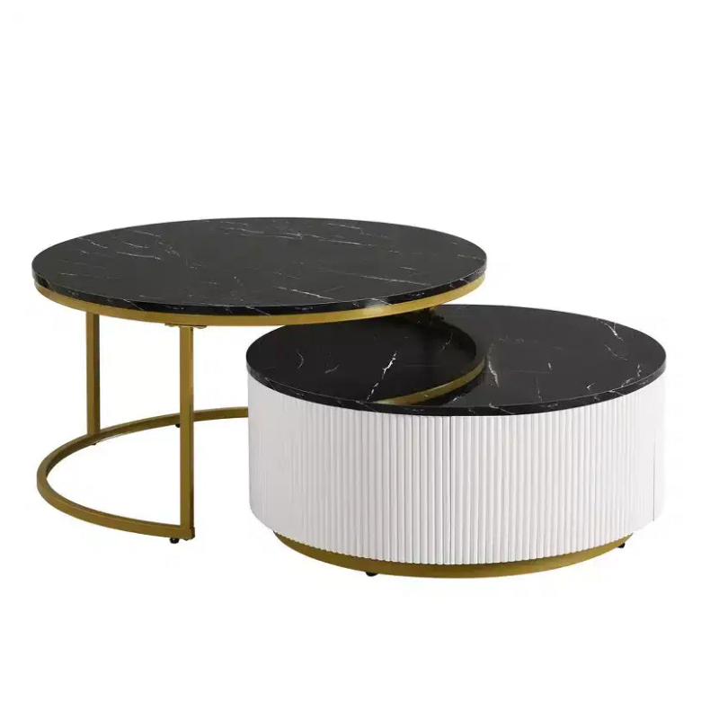 Round Nesting Coffee Table Set of 2 with Drawer, Fluted MDF Top and Metal Base