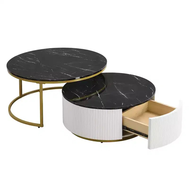 Round Nesting Coffee Table Set of 2 with Drawer, Fluted MDF Top and Metal Base