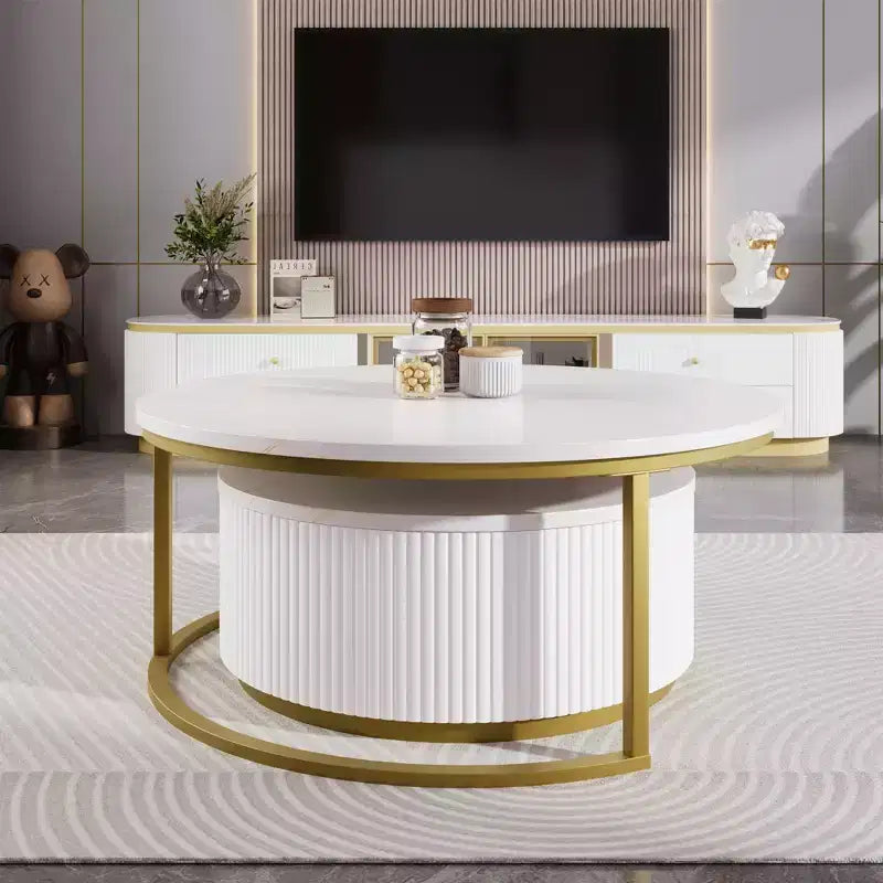 Round Nesting Coffee Table Set of 2 with Drawer, Fluted MDF Top and Metal Base