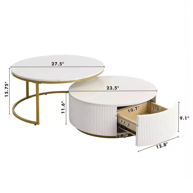 Round Nesting Coffee Table Set of 2 with Drawer, Fluted MDF Top and Metal Base