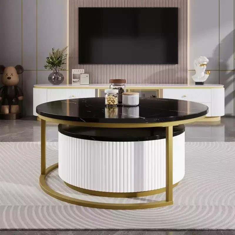 Round Nesting Coffee Table Set of 2 with Drawer, Fluted MDF Top and Metal Base