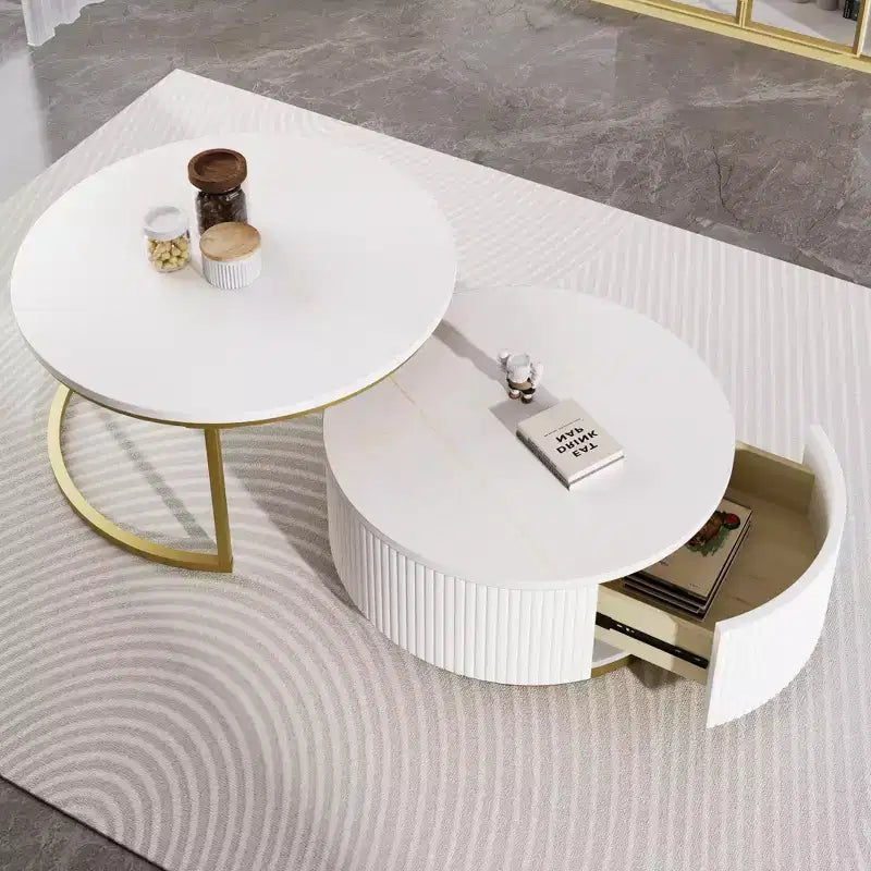 Round Nesting Coffee Table Set of 2 with Drawer, Fluted MDF Top and Metal Base