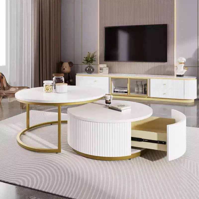 Round Nesting Coffee Table Set of 2 with Drawer, Fluted MDF Top and Metal Base