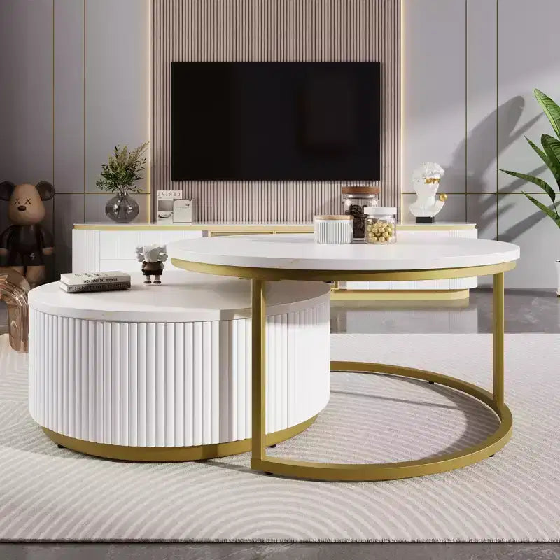 Round Nesting Coffee Table Set of 2 with Drawer, Fluted MDF Top and Metal Base
