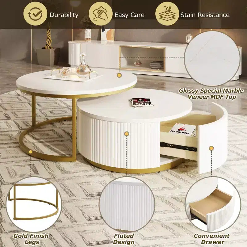 Round Nesting Coffee Table Set of 2 with Drawer, Fluted MDF Top and Metal Base