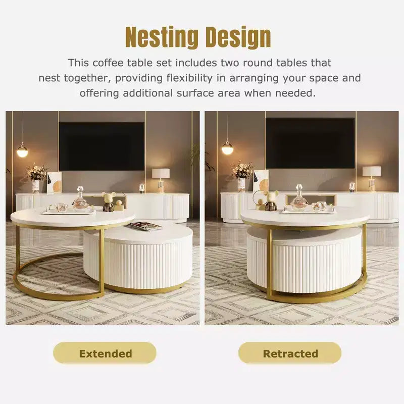Round Nesting Coffee Table Set of 2 with Drawer, Fluted MDF Top and Metal Base