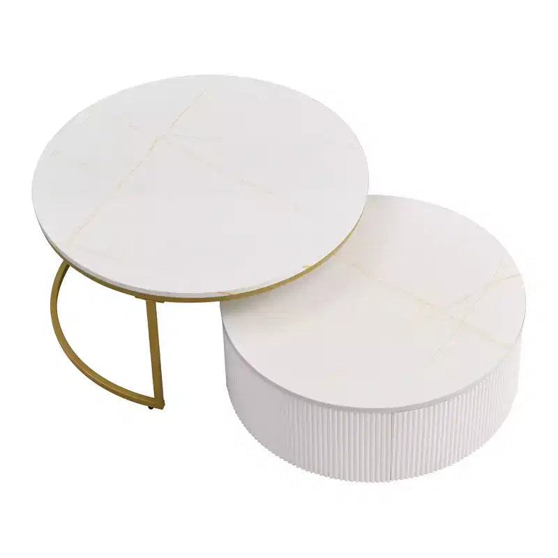 Round Nesting Coffee Table Set of 2 with Drawer, Fluted MDF Top and Metal Base
