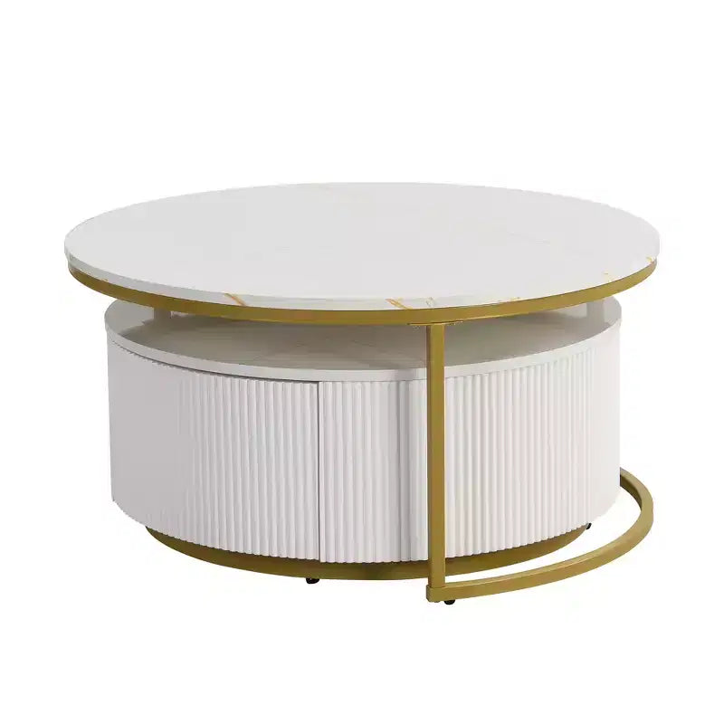 Round Nesting Coffee Table Set of 2 with Drawer, Fluted MDF Top and Metal Base