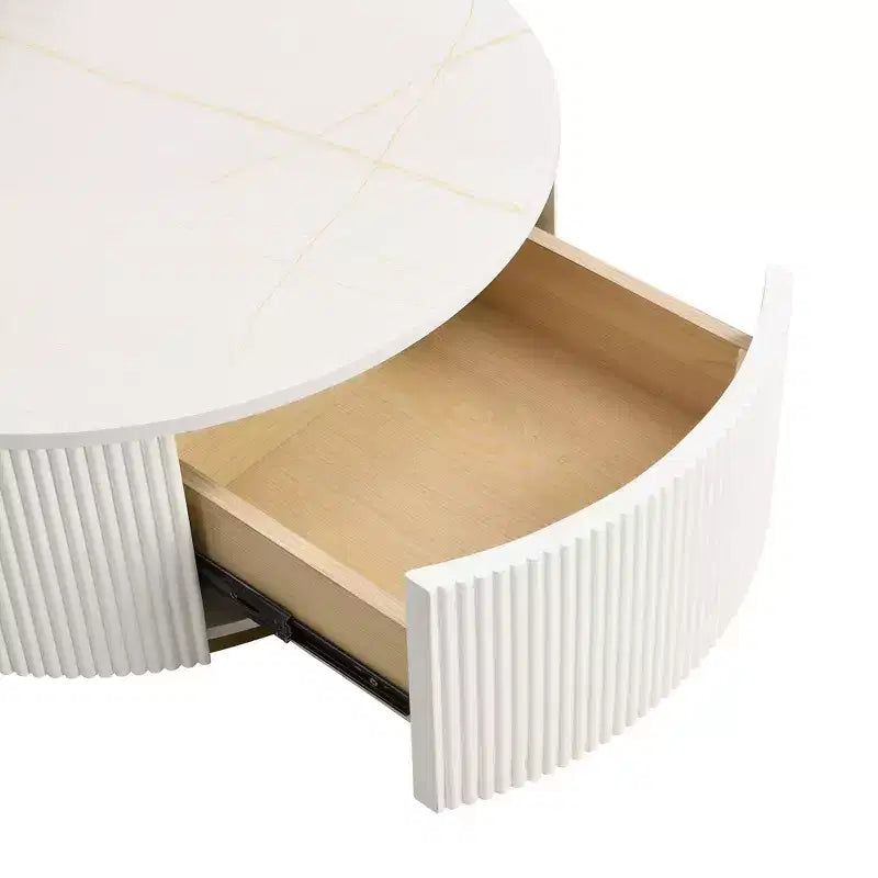 Round Nesting Coffee Table Set of 2 with Drawer, Fluted MDF Top and Metal Base
