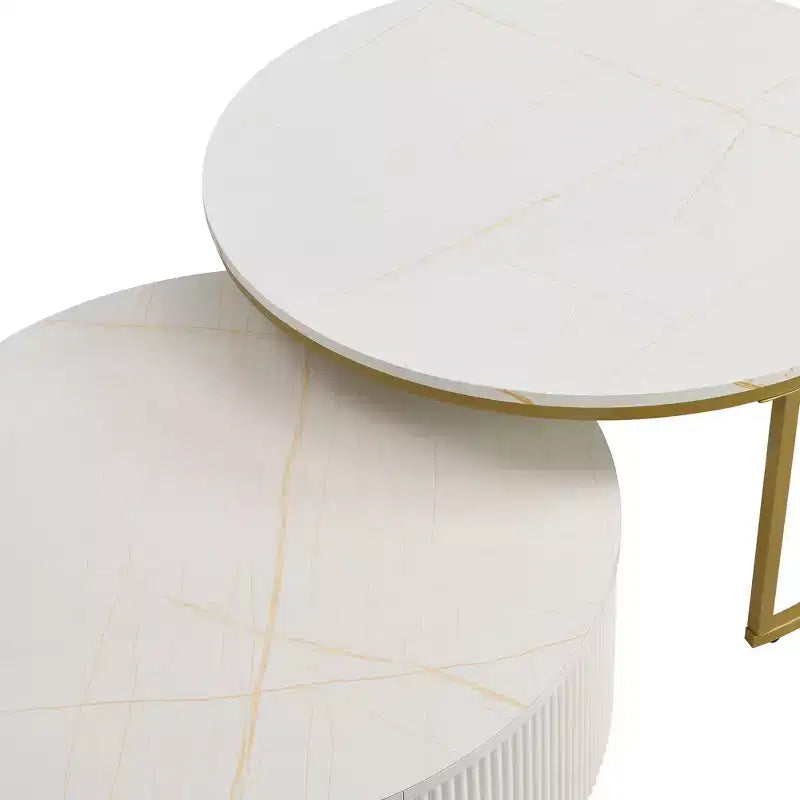 Round Nesting Coffee Table Set of 2 with Drawer, Fluted MDF Top and Metal Base