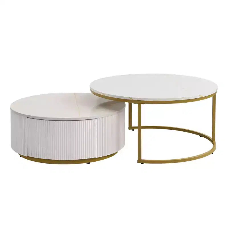 Round Nesting Coffee Table Set of 2 with Drawer, Fluted MDF Top and Metal Base