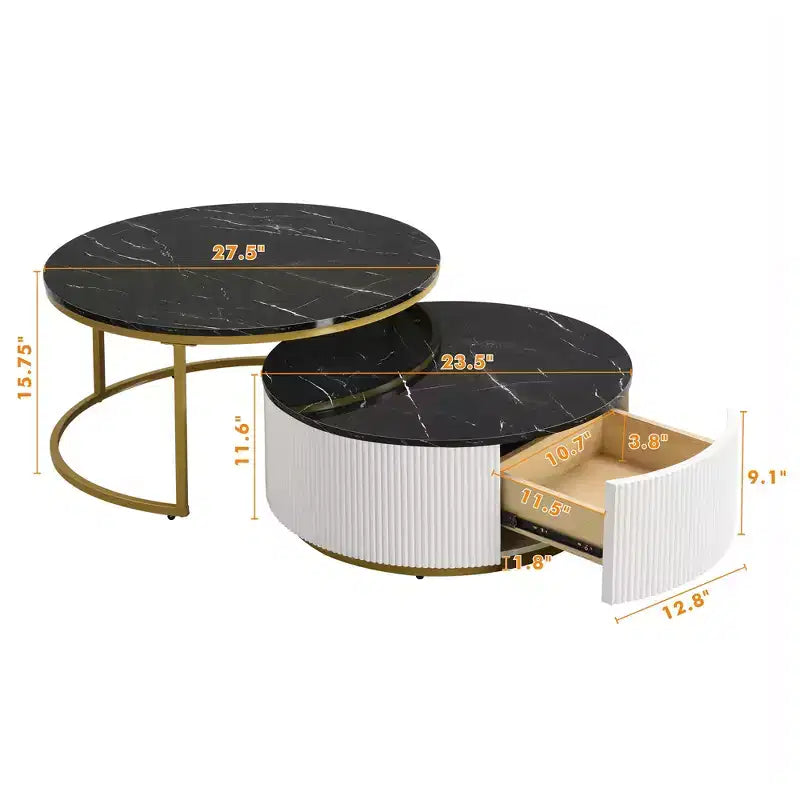 Round Nesting Coffee Table Set of 2 with Drawer, Fluted MDF Top and Metal Base
