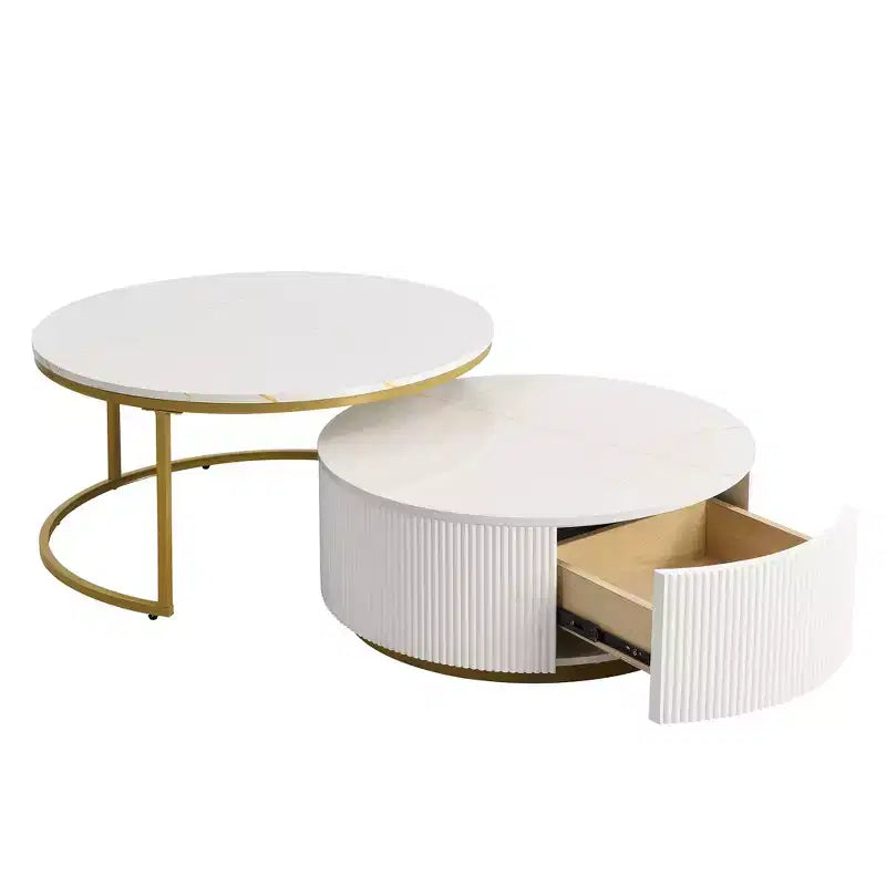 Round Nesting Coffee Table Set of 2 with Drawer, Fluted MDF Top and Metal Base