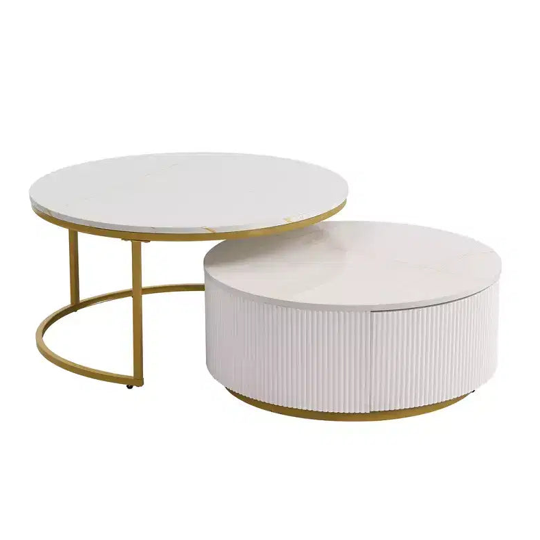 Round Nesting Coffee Table Set of 2 with Drawer, Fluted MDF Top and Metal Base