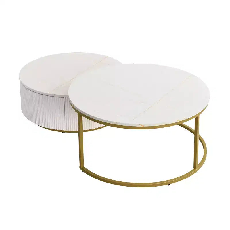 Round Nesting Coffee Table Set of 2 with Drawer, Fluted MDF Top and Metal Base