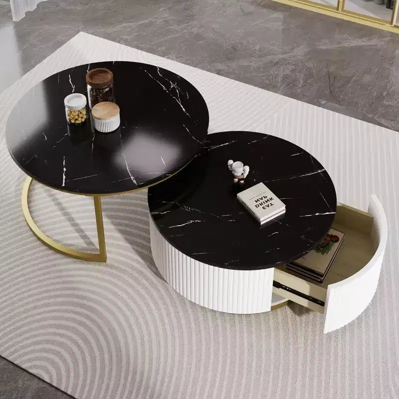 Round Nesting Coffee Table Set of 2 with Drawer, Fluted MDF Top and Metal Base