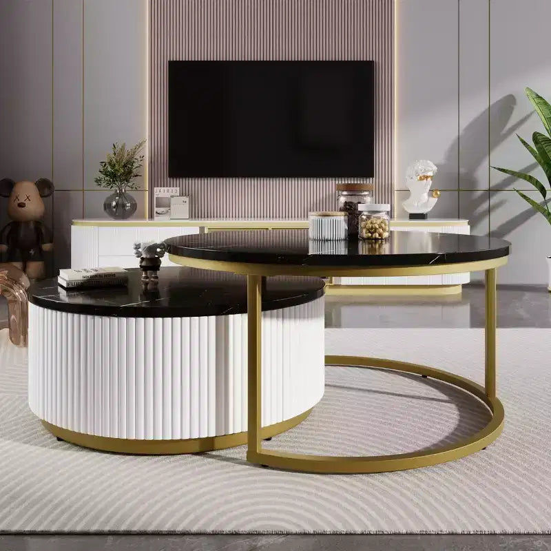 Round Nesting Coffee Table Set of 2 with Drawer, Fluted MDF Top and Metal Base