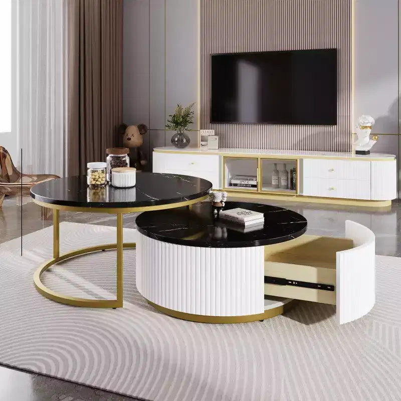 Round Nesting Coffee Table Set of 2 with Drawer, Fluted MDF Top and Metal Base