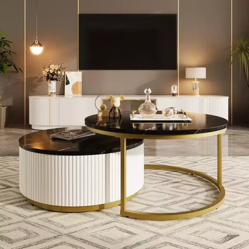 Round Nesting Coffee Table Set of 2 with Drawer, Fluted MDF Top and Metal Base