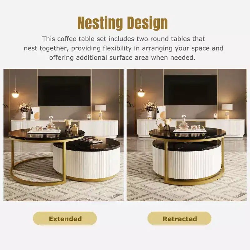 Round Nesting Coffee Table Set of 2 with Drawer, Fluted MDF Top and Metal Base