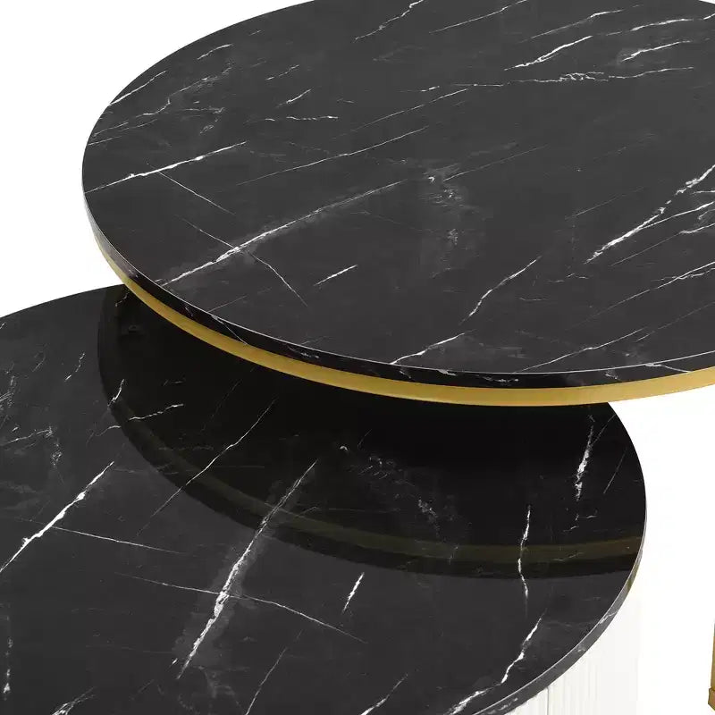 Round Nesting Coffee Table Set of 2 with Drawer, Fluted MDF Top and Metal Base