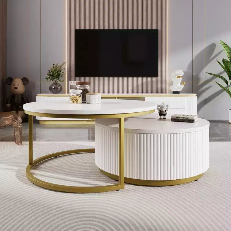 Round Nesting Coffee Table Set of 2 with Drawer, Fluted MDF Top and Metal Base