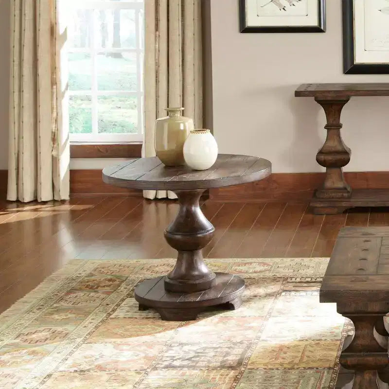 Round End Table with Spanish Style Pedestal Base, Eastern Red Cedar Wood