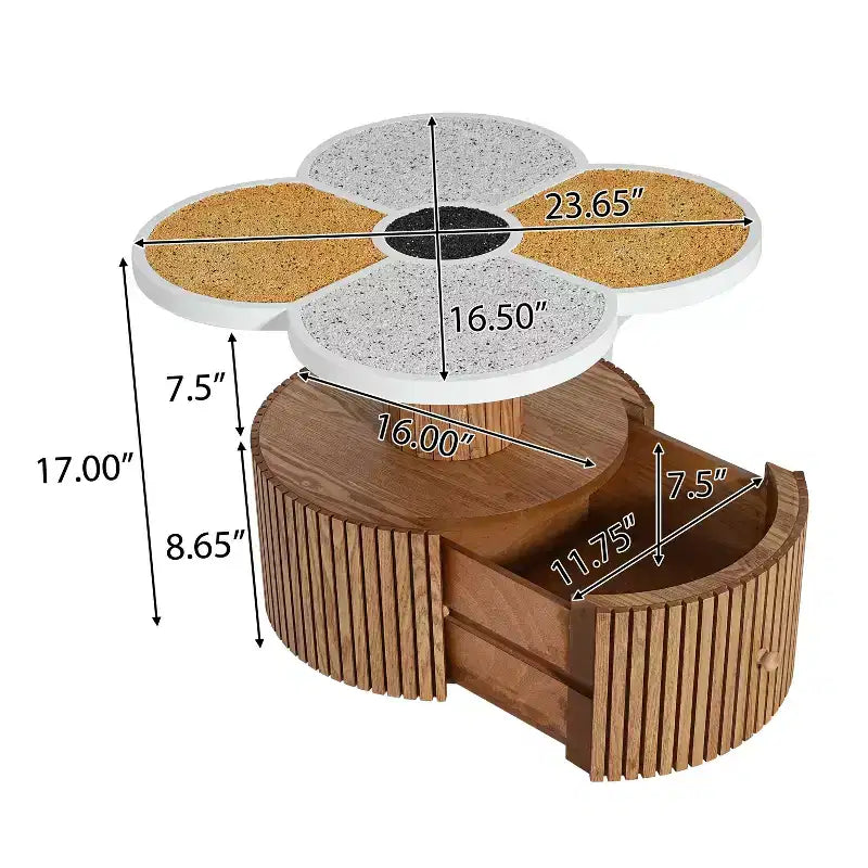 Flower-Shaped Coffee Table with Hidden Storage Drawer, Fluted MDF Pedestal Base