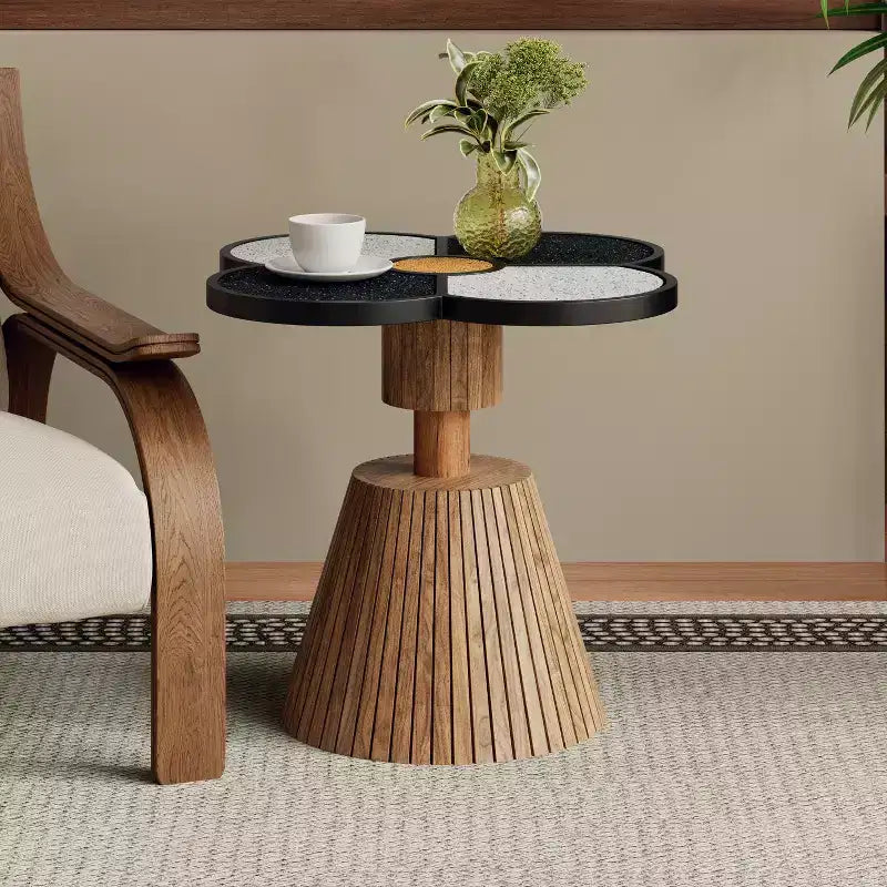 Flower-Shaped Coffee Table with Hidden Storage Drawer, Fluted MDF Pedestal Base