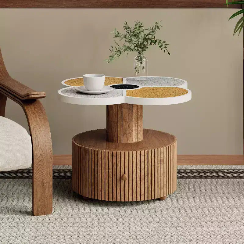 Flower-Shaped Coffee Table with Hidden Storage Drawer, Fluted MDF Pedestal Base