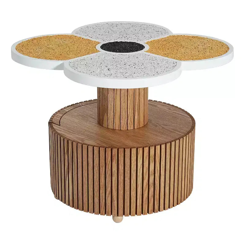 Flower-Shaped Coffee Table with Hidden Storage Drawer, Fluted MDF Pedestal Base