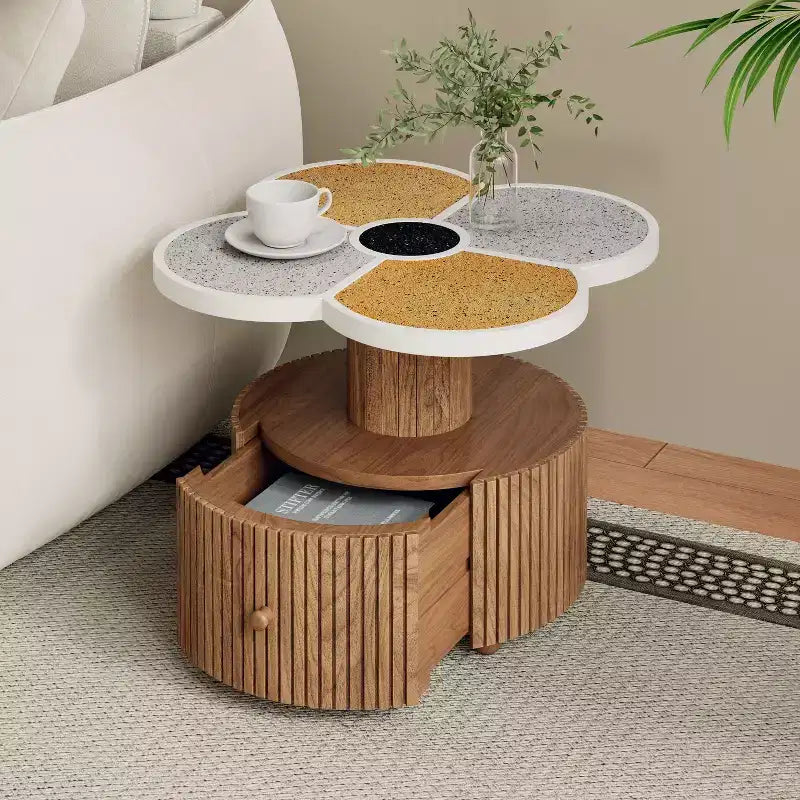 Flower-Shaped Coffee Table with Hidden Storage Drawer, Fluted MDF Pedestal Base