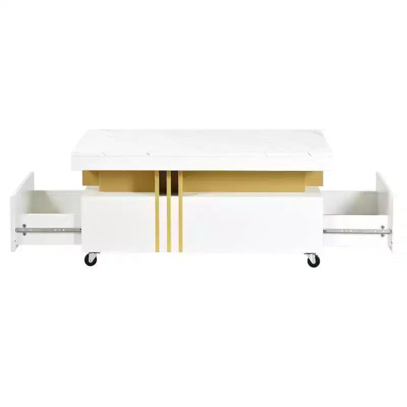Faux Marble Rectangle Coffee Table with 2 Storage Drawers and Caster Wheels, Gold Accents