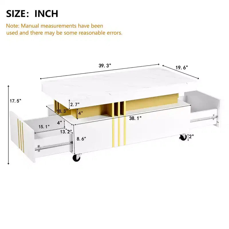 Faux Marble Rectangle Coffee Table with 2 Storage Drawers and Caster Wheels, Gold Accents