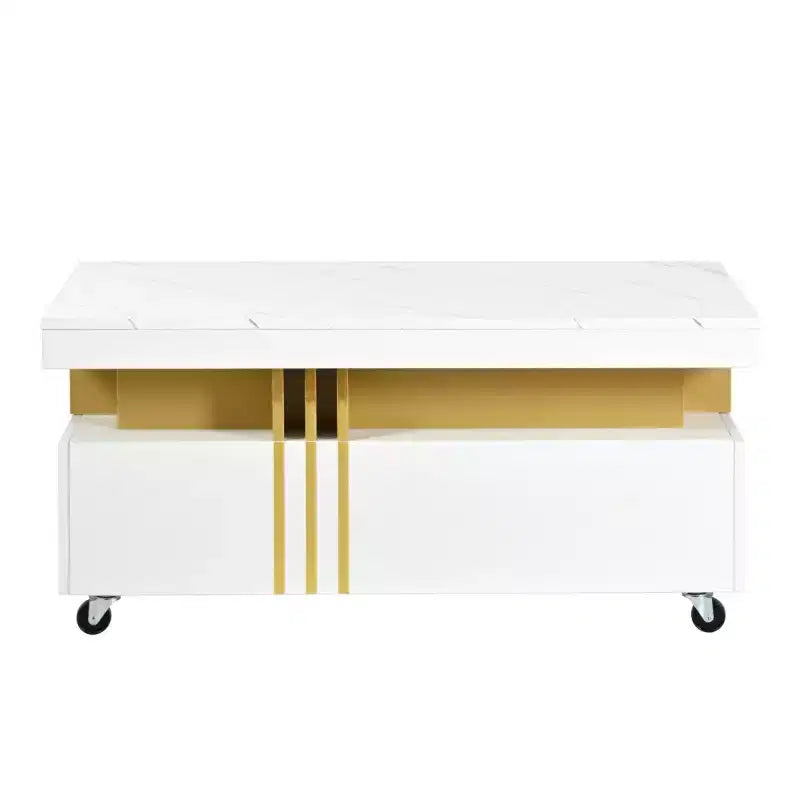 Faux Marble Rectangle Coffee Table with 2 Storage Drawers and Caster Wheels, Gold Accents
