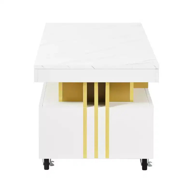 Faux Marble Rectangle Coffee Table with 2 Storage Drawers and Caster Wheels, Gold Accents