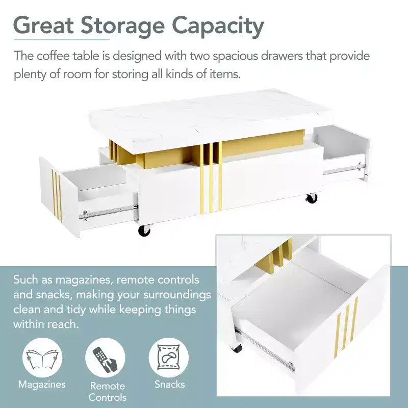 Faux Marble Rectangle Coffee Table with 2 Storage Drawers and Caster Wheels, Gold Accents