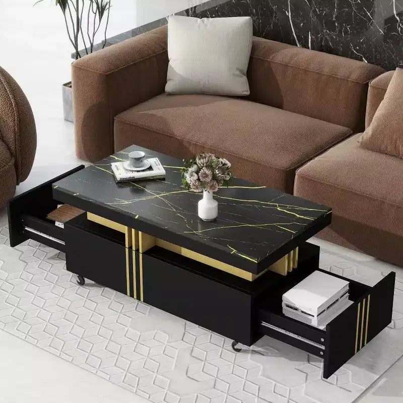 Faux Marble Rectangle Coffee Table with 2 Storage Drawers and Caster Wheels, Gold Accents