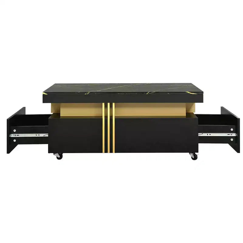 Faux Marble Rectangle Coffee Table with 2 Storage Drawers and Caster Wheels, Gold Accents