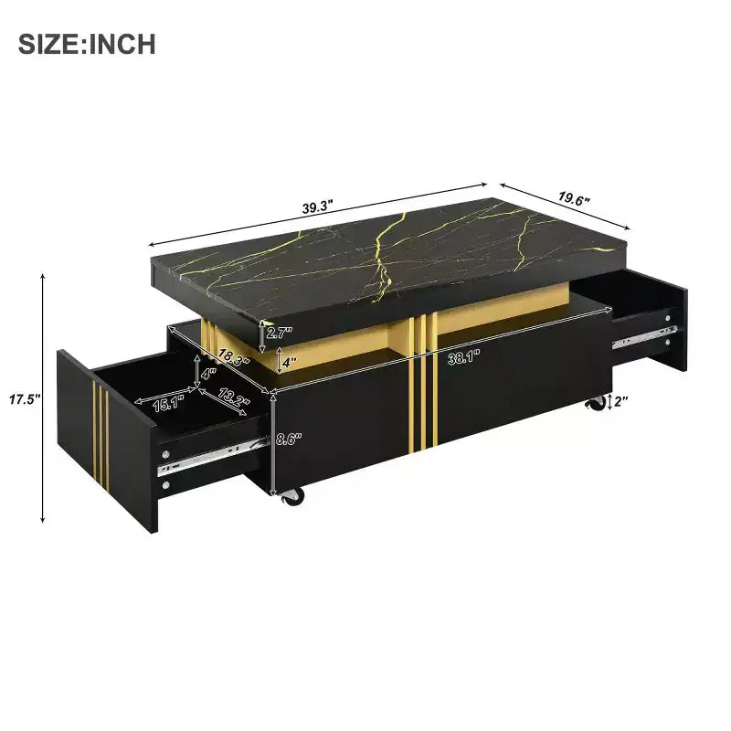 Faux Marble Rectangle Coffee Table with 2 Storage Drawers and Caster Wheels, Gold Accents