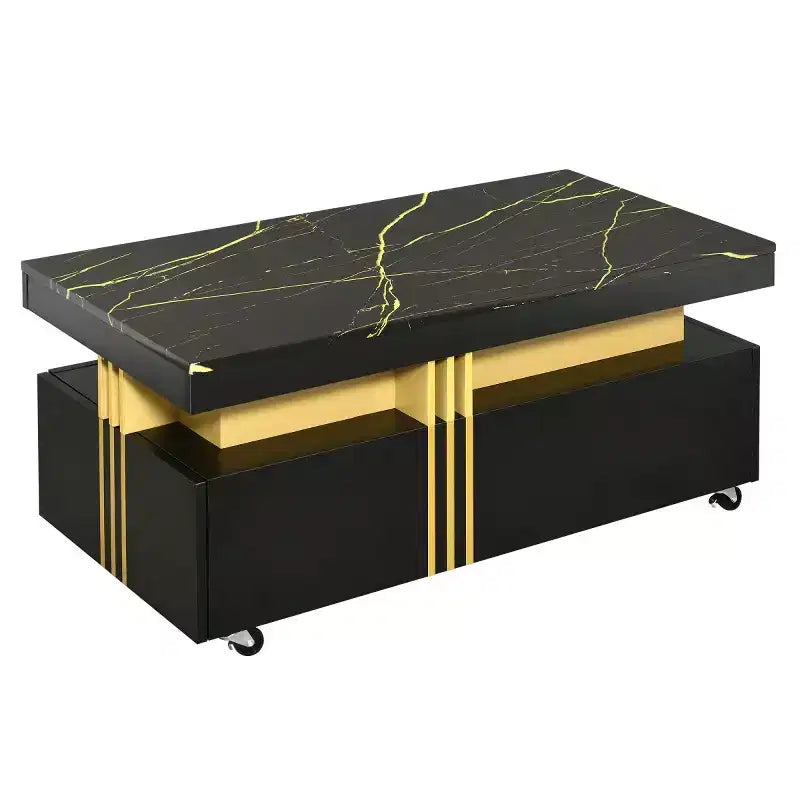 Faux Marble Rectangle Coffee Table with 2 Storage Drawers and Caster Wheels, Gold Accents