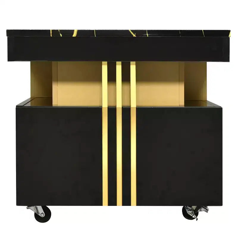 Faux Marble Rectangle Coffee Table with 2 Storage Drawers and Caster Wheels, Gold Accents
