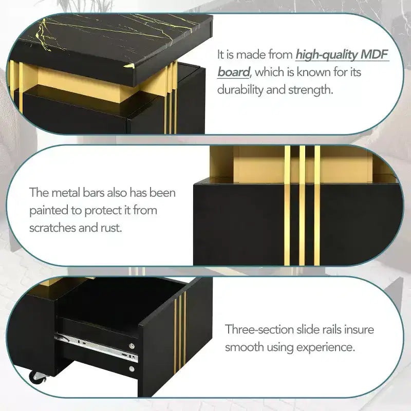 Faux Marble Rectangle Coffee Table with 2 Storage Drawers and Caster Wheels, Gold Accents
