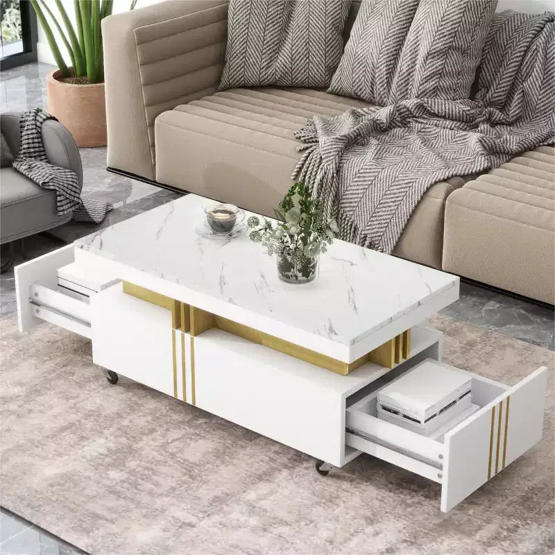 Faux Marble Rectangle Coffee Table with 2 Storage Drawers and Caster Wheels, Gold Accents