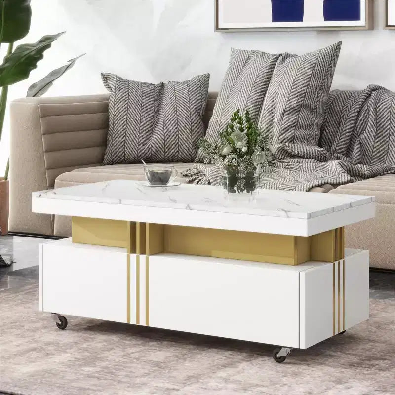 Faux Marble Rectangle Coffee Table with 2 Storage Drawers and Caster Wheels, Gold Accents